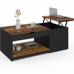 IDMarket Table basse double plateau relevable bois foncé effet vieilli et noir avec coffre* Collection Vintage|Tables Basses