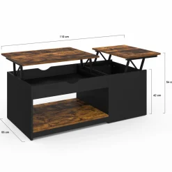 IDMarket Table basse double plateau relevable bois foncé effet vieilli et noir avec coffre* Collection Vintage|Tables Basses