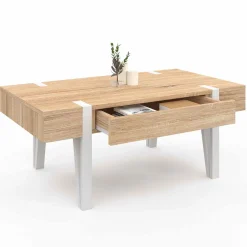 IDMarket Table basse en bois pied épingle blanc avec 1 tiroir* Salon Complet|Tables Basses