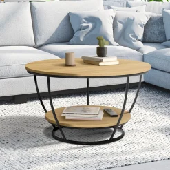 IDMarket Table basse filaire ronde double plateau* Collection Industrielle|Salon Complet