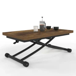 IDMarket Table basse industrielle relevable bois foncé et noir* Tables Basses|Salon Complet