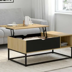 IDMarket Table basse industrielle avec rangement et plateau relevable noir* Meubles Bas|Meubles En Bois