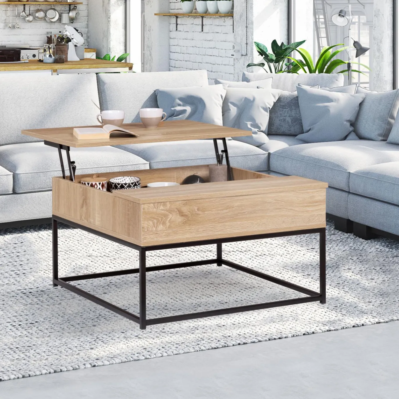 IDMarket Table basse industrielle carrée avec plateau relevable* Collection Industrielle|Salon Complet