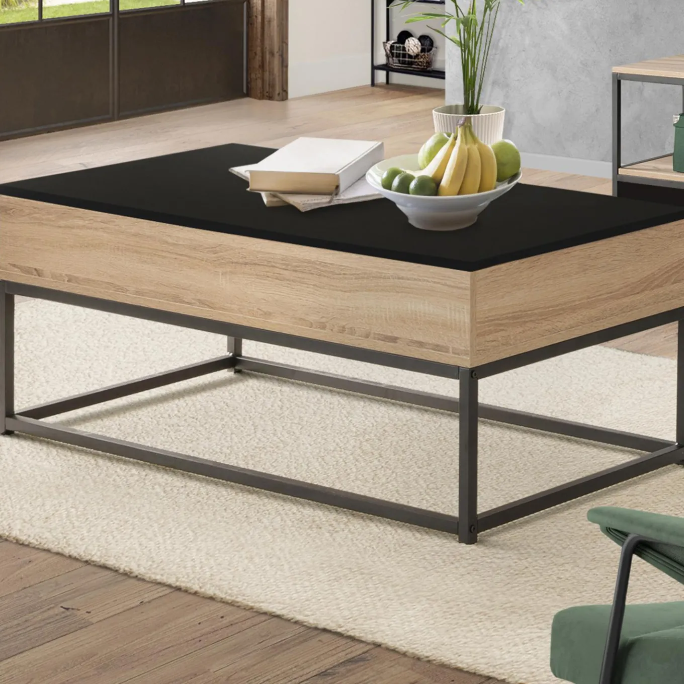 IDMarket Table basse industrielle avec plateau relevable noir* Collection Industrielle|Salon Complet