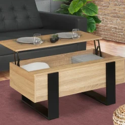 IDMarket Table basse industrielle relevable bois et noir* Meubles Bas|Meubles En Bois