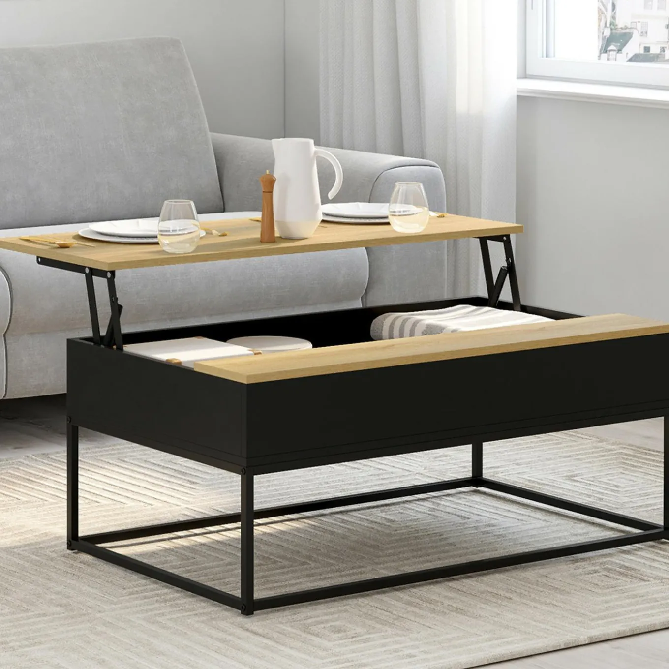 IDMarket Table basse noire style industriel avec plateau relevable en bois façon hêtre* Meubles En Bois|Collection Industrielle