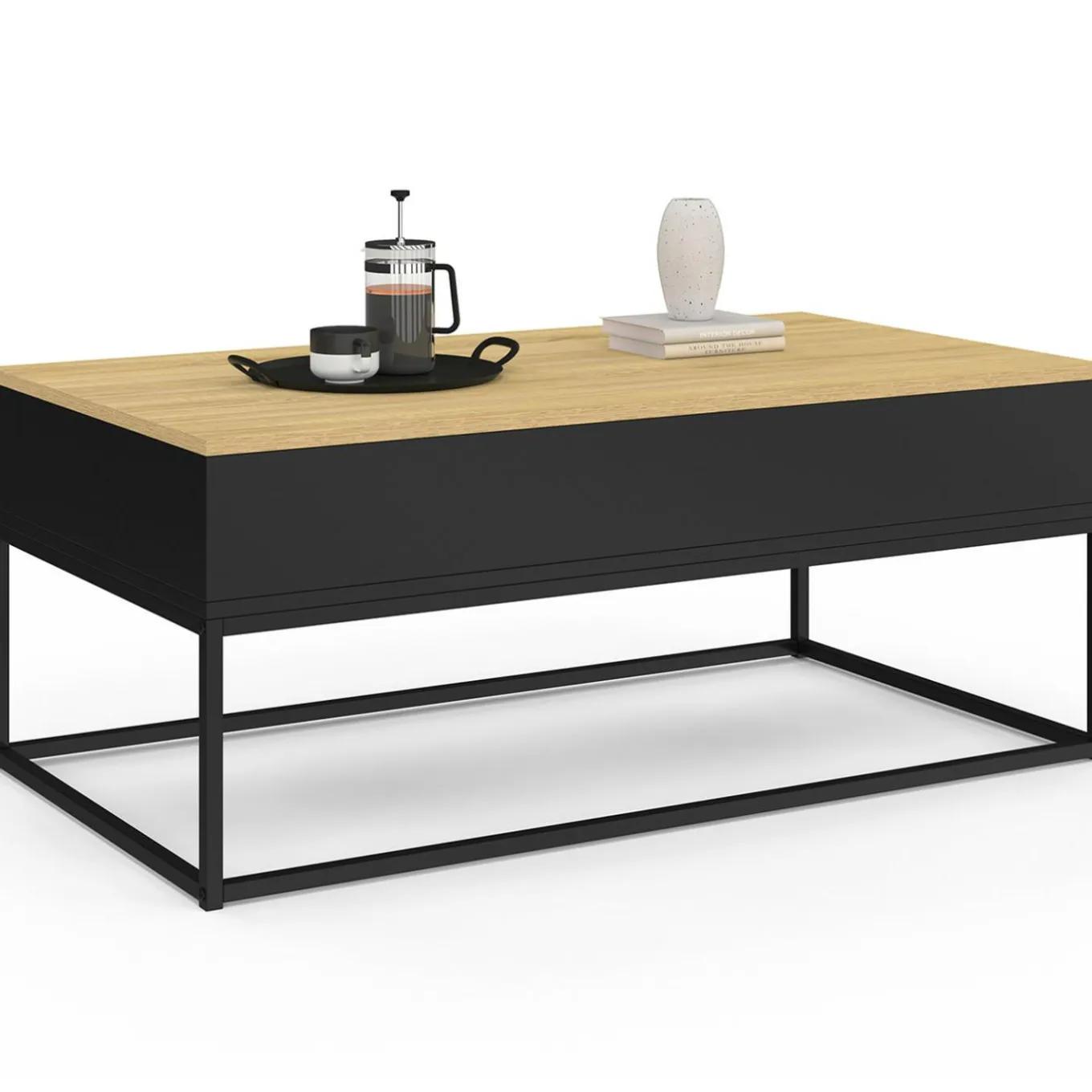 IDMarket Table basse noire style industriel avec plateau relevable en bois façon hêtre* Meubles En Bois|Collection Industrielle