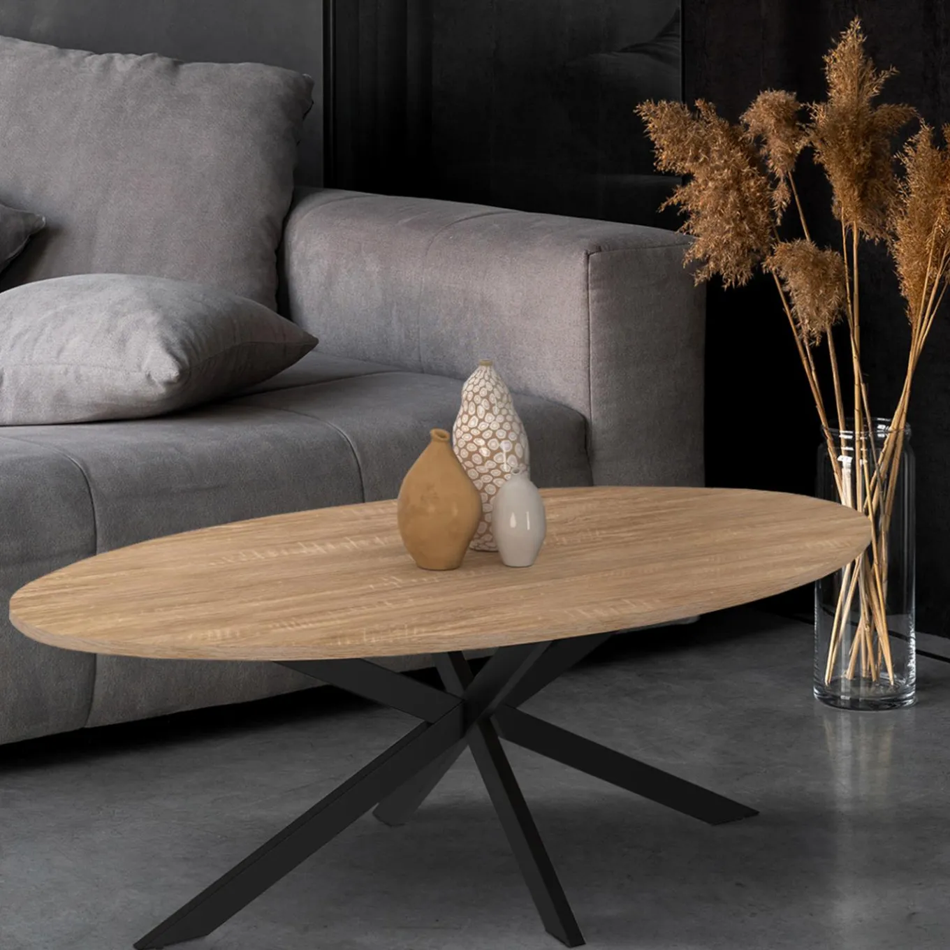 IDMarket Table basse ovale bois et métal noir avec pied araignée* Tables Basses|Salon Complet