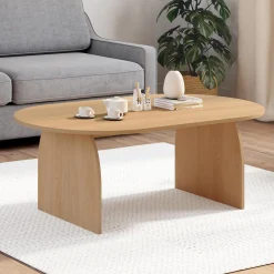 IDMarket Table basse ovale pied central bois effet hêtre 110 cm* Meubles En Bois|Tables Basses