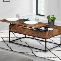 IDMarket Table basse plateau relevable effet bois vieilli et pieds métal* Meubles Bas|Collection Vintage