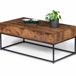IDMarket Table basse plateau relevable effet bois vieilli et pieds métal* Meubles Bas|Collection Vintage