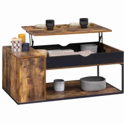 IDMarket Table basse plateau relevable style industriel effet bois vieilli* Collection Vintage|Collection Industrielle