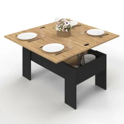 IDMarket Table basse plateau relevable rectangulaire bois noir et imitation hêtre* Tables Basses|Salon Complet