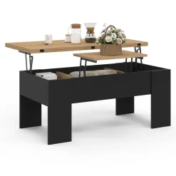 IDMarket Table basse plateau relevable rectangulaire bois noir et imitation hêtre* Tables Basses|Salon Complet
