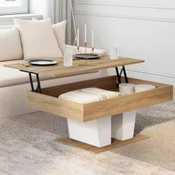 IDMarket Table basse plateau relevable rectangulaire bois et blanc* Collection Contemporaine|Tables Basses