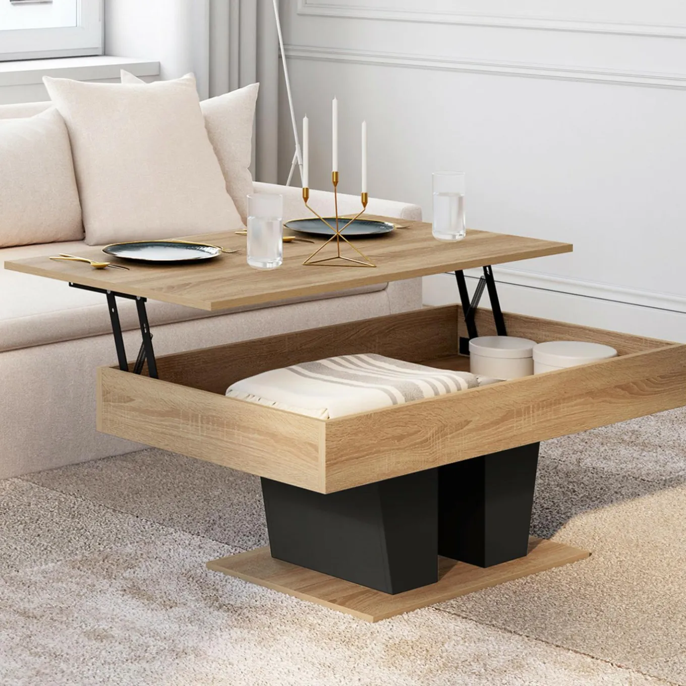 IDMarket Table basse plateau relevable rectangulaire bois et noir* Meubles Noirs|Meubles En Bois