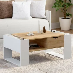 IDMarket Table basse rectangulaire avec tiroir bois blanc et façon hêtre* Collection Contemporaine|Tables Basses