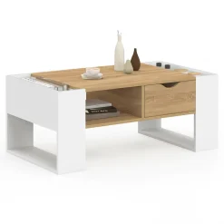 IDMarket Table basse rectangulaire avec tiroir bois blanc et façon hêtre* Collection Contemporaine|Tables Basses