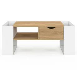 IDMarket Table basse rectangulaire avec tiroir bois blanc et façon hêtre* Collection Contemporaine|Tables Basses