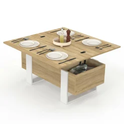 IDMarket Table basse rectangulaire relevable convertible en table à manger bois et blanc* Tables Basses|Salon Complet