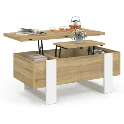 IDMarket Table basse rectangulaire relevable convertible en table à manger bois et blanc* Tables Basses|Salon Complet