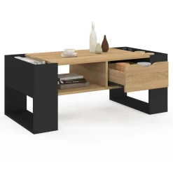 IDMarket Table basse rectangulaire avec tiroir bois noir et façon hêtre* Collection Contemporaine|Tables Basses
