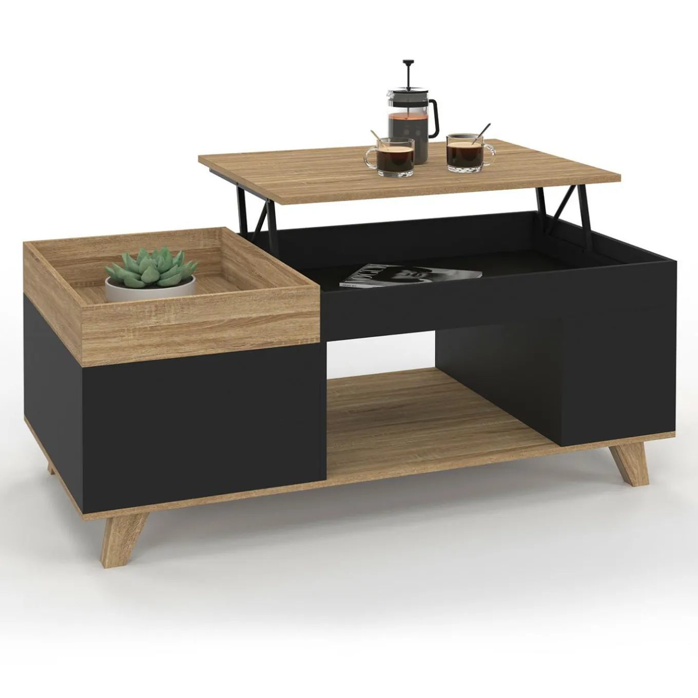 IDMarket Table basse rectangulaire plateau relevable bois et noir plateau amovible avec coffre* Meubles En Bois|Collection Moderne