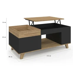 IDMarket Table basse rectangulaire plateau relevable bois et noir plateau amovible avec coffre* Meubles En Bois|Collection Moderne