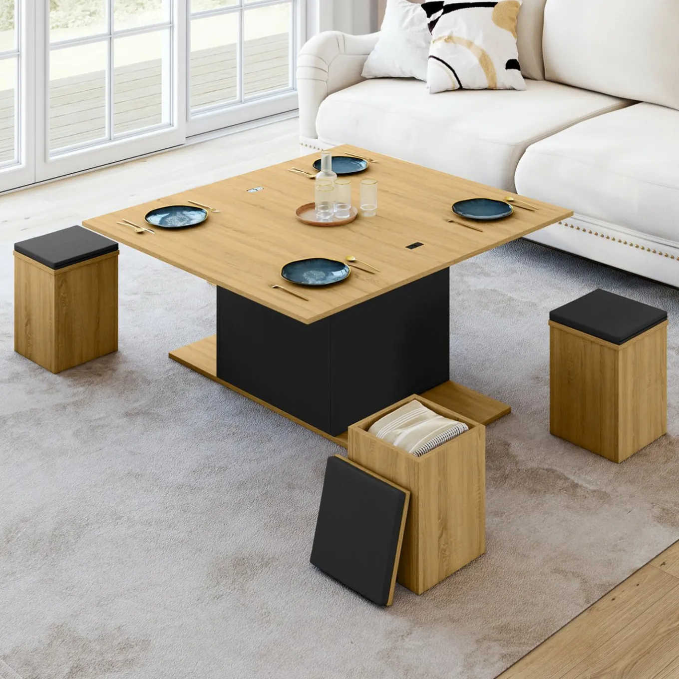 IDMarket Table basse rectangulaire double plateau relevable avec poufs bois et noir convertible en table à manger* Collection Moderne|Salon Complet