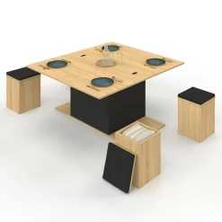 IDMarket Table basse rectangulaire double plateau relevable avec poufs bois et noir convertible en table à manger* Collection Moderne|Salon Complet
