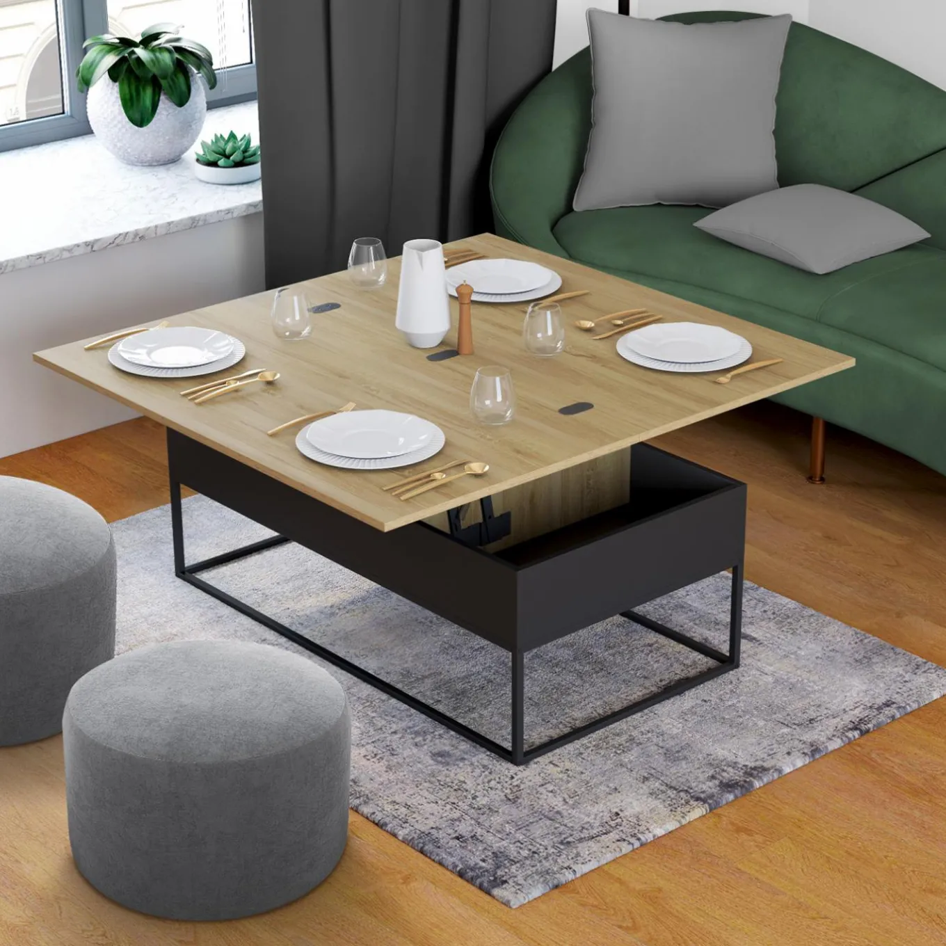 IDMarket Table basse rectangulaire industrielle relevable et convertible pour manger* Meubles Bas|Salon Complet