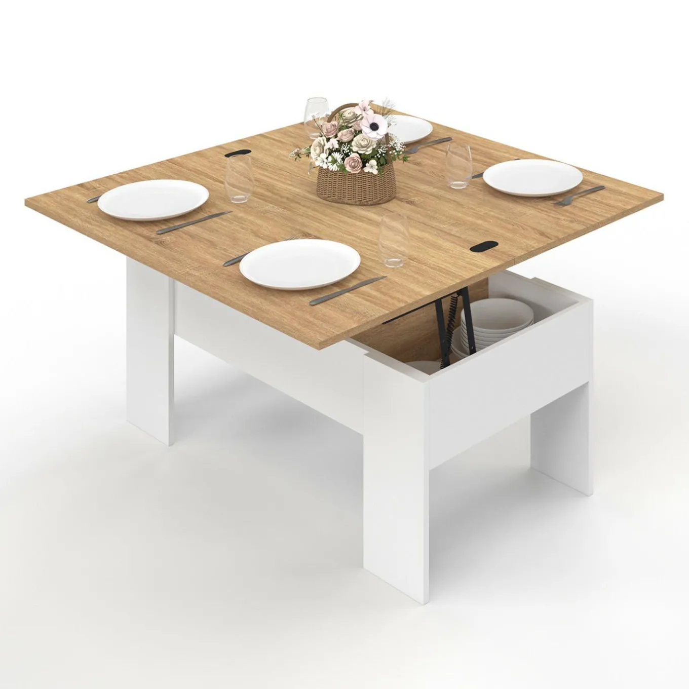 IDMarket Table basse rectangulaire double plateau relevable bois imitation hêtre* Collection Design|Collection Moderne
