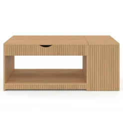 IDMarket Table basse rectangulaire plateau relevable avec coffre lattes tasseau bois coloris chêne* Collection Design|Collection Moderne