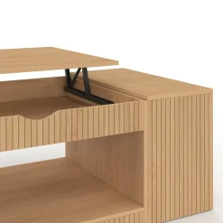 IDMarket Table basse rectangulaire plateau relevable avec coffre lattes tasseau bois coloris chêne* Collection Design|Collection Moderne