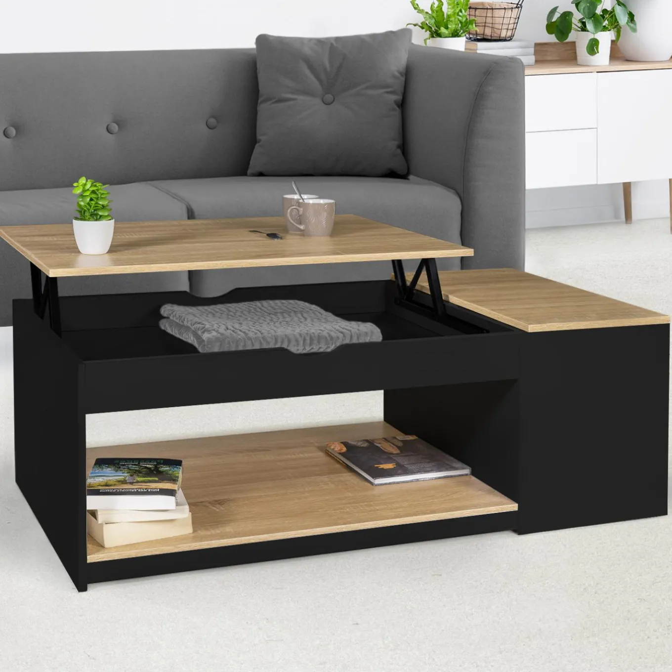 IDMarket Table basse relevable bois noir et façon hêtre* Meubles Bas|Collection Design