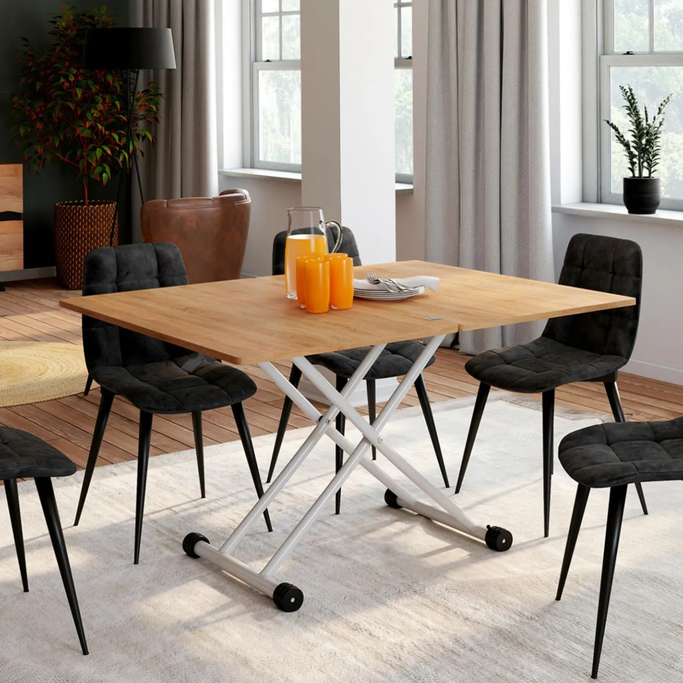 IDMarket Table basse relevable en table à manger industrielle avec plateau façon hêtre* Collection Design|Salon Complet