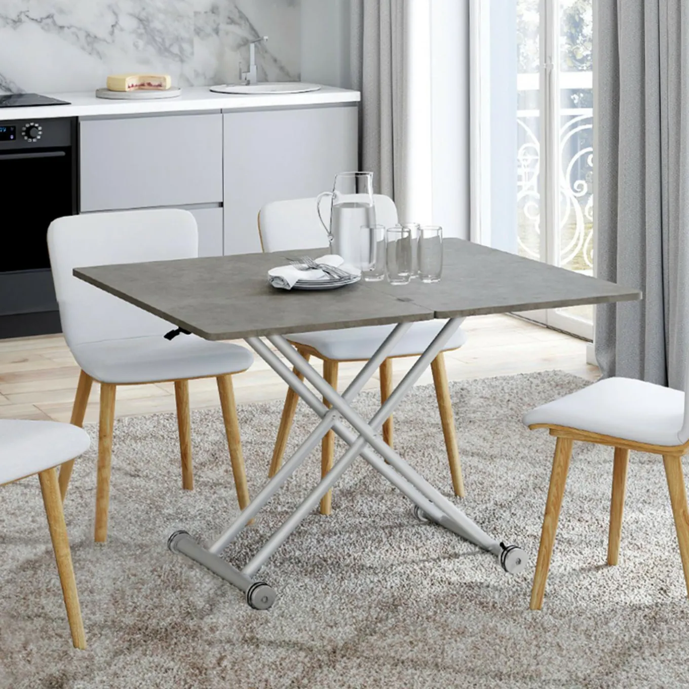 IDMarket Table basse relevable en table à manger moderne avec plateau effet béton* Collection Design|Collection Contemporaine