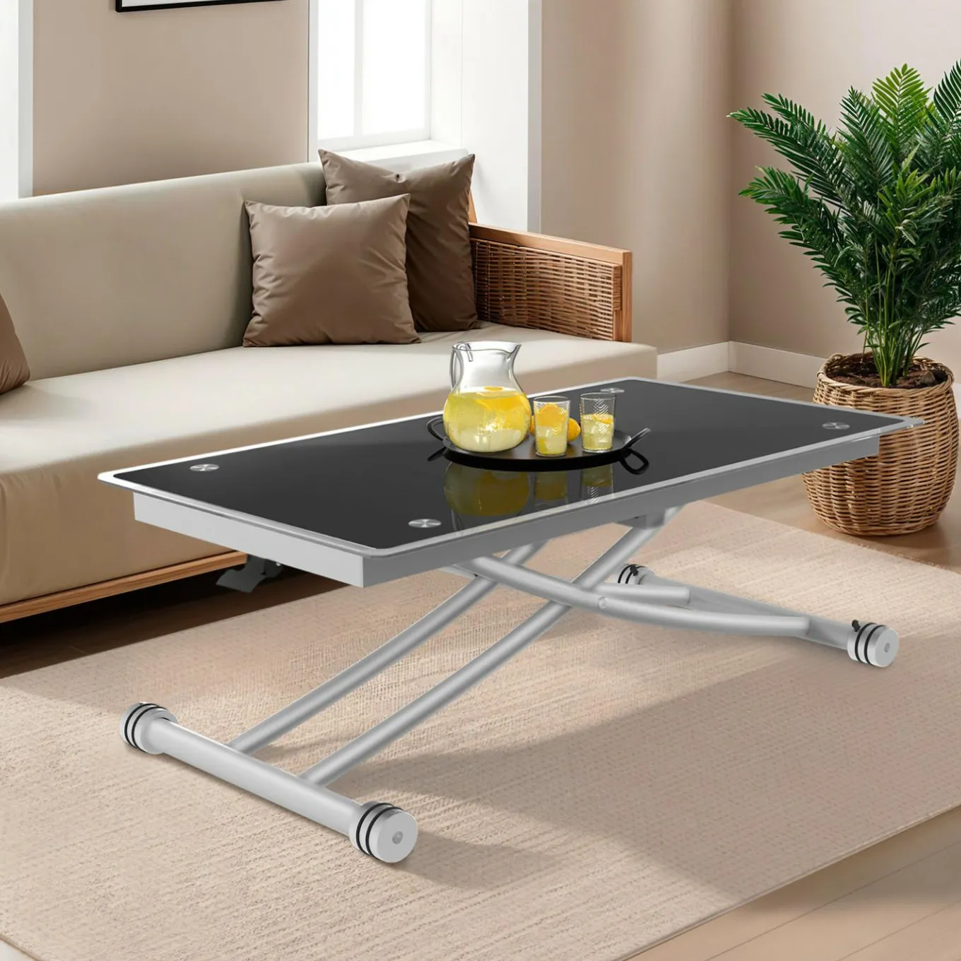 IDMarket Table basse relevable en table à manger verre trempé* Salon Complet|Tables Basses