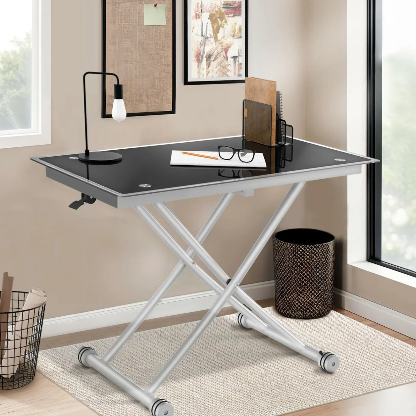 IDMarket Table basse relevable en table à manger verre trempé* Salon Complet|Tables Basses