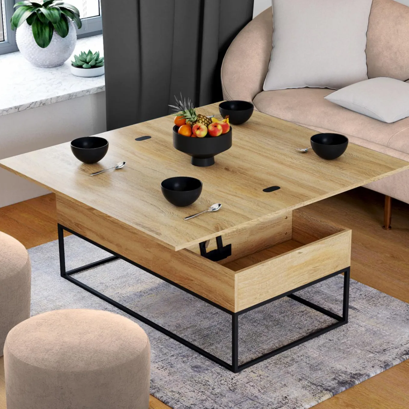 IDMarket Table basse relevable industrielle rectangulaire convertible en table à manger* Meubles Bas|Tables Basses