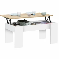 IDMarket Table basse relevable rectangulaire bois blanc et imitation hêtre* Collection Design|Salon Complet