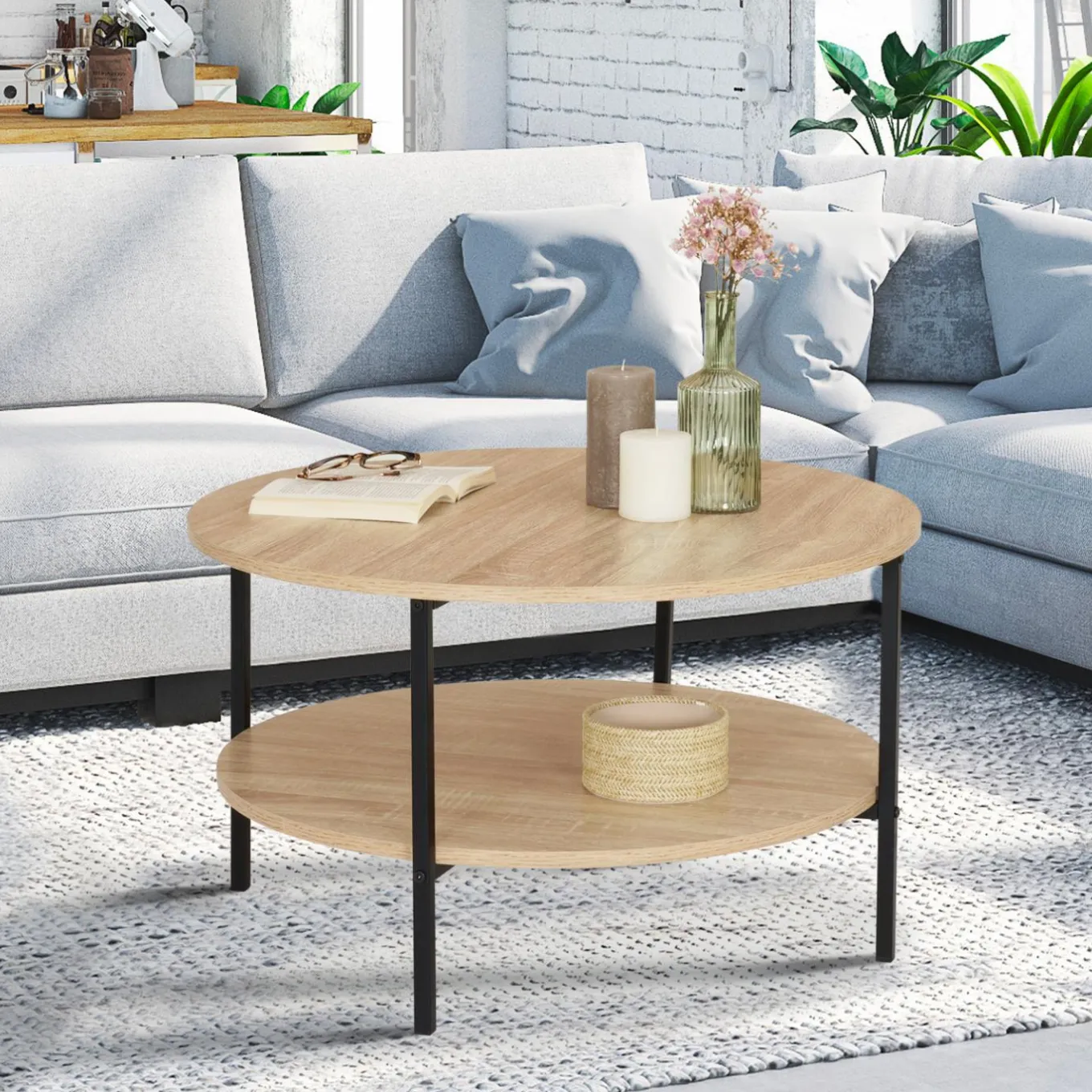 IDMarket Table basse ronde double plateau style industriel 70 cm* Collection Industrielle|Salon Complet