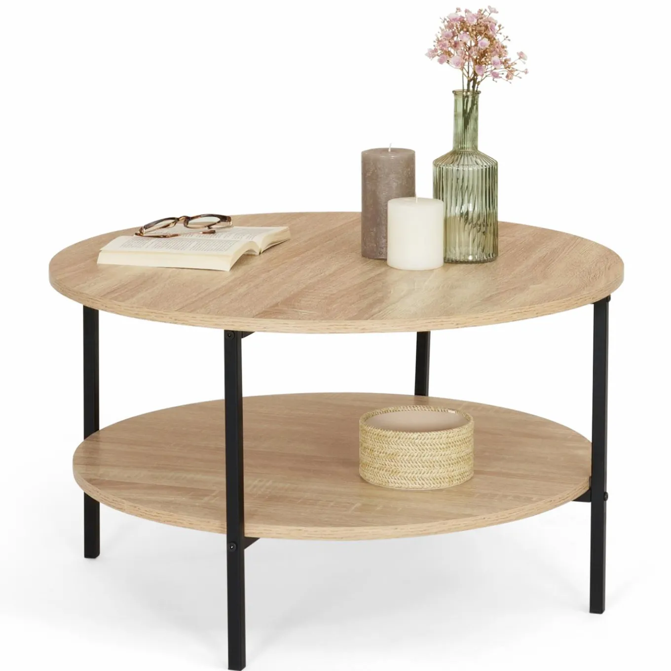 IDMarket Table basse ronde double plateau style industriel 70 cm* Collection Industrielle|Salon Complet