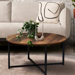 IDMarket Table basse ronde style industriel bois foncé 80 cm* Collection Industrielle|Salon Complet