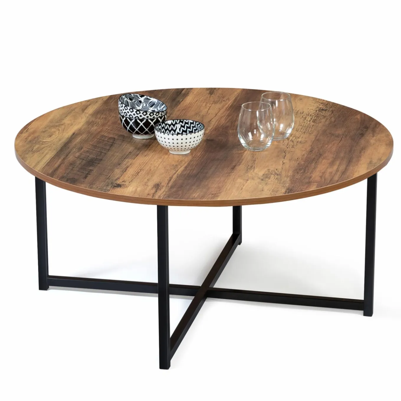 IDMarket Table basse ronde style industriel bois foncé 80 cm* Collection Industrielle|Salon Complet
