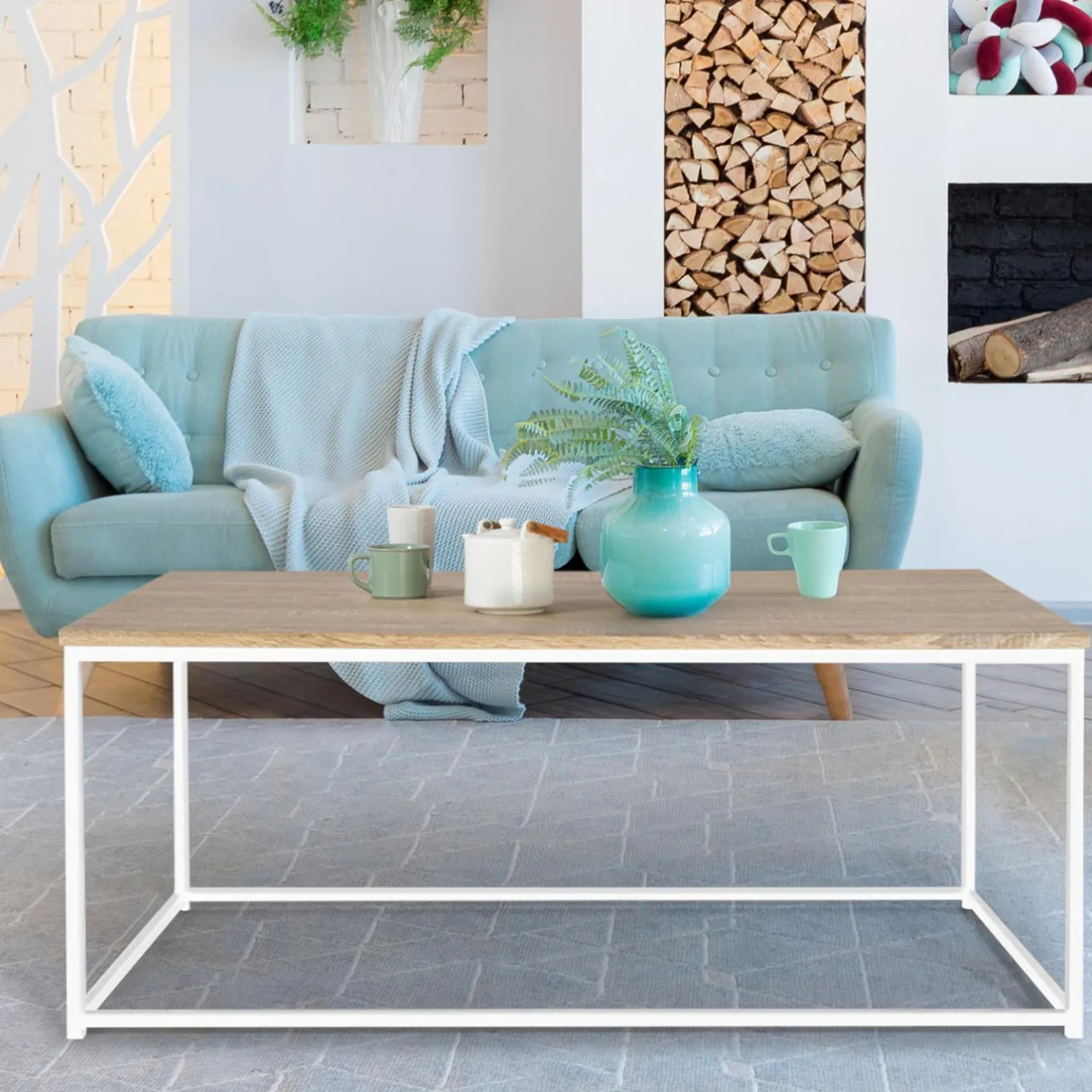 IDMarket Table basse style industriel bois et métal blanc* Collection Industrielle|Salon Complet