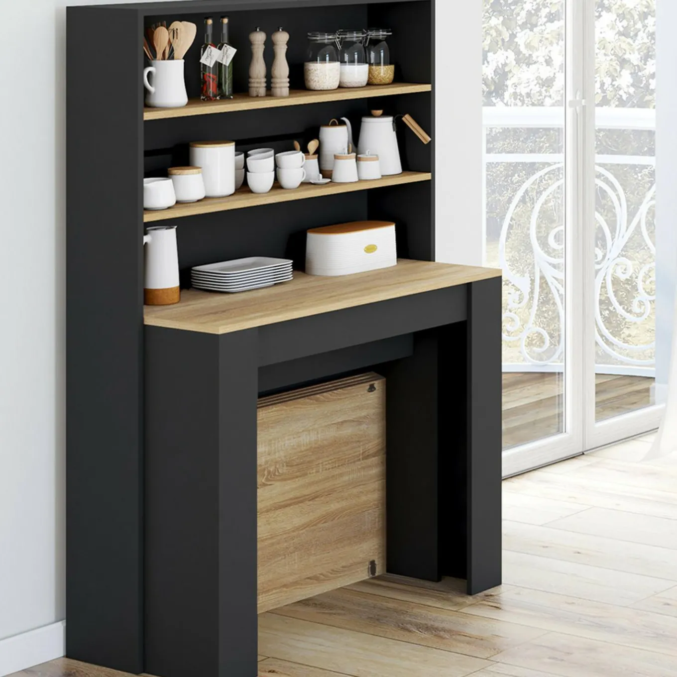 IDMarket Table buffet haut extensible 8 personnes bois et noir 235 cm* Tables|Buffets
