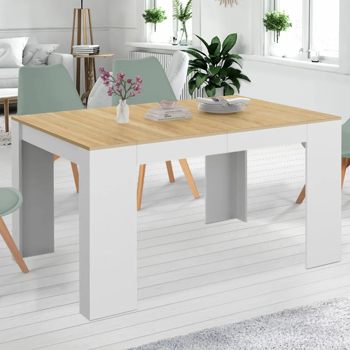 IDMarket Table console extensible 140 cm blanc et bois façon hêtre* Meubles Blancs|Meubles En Bois