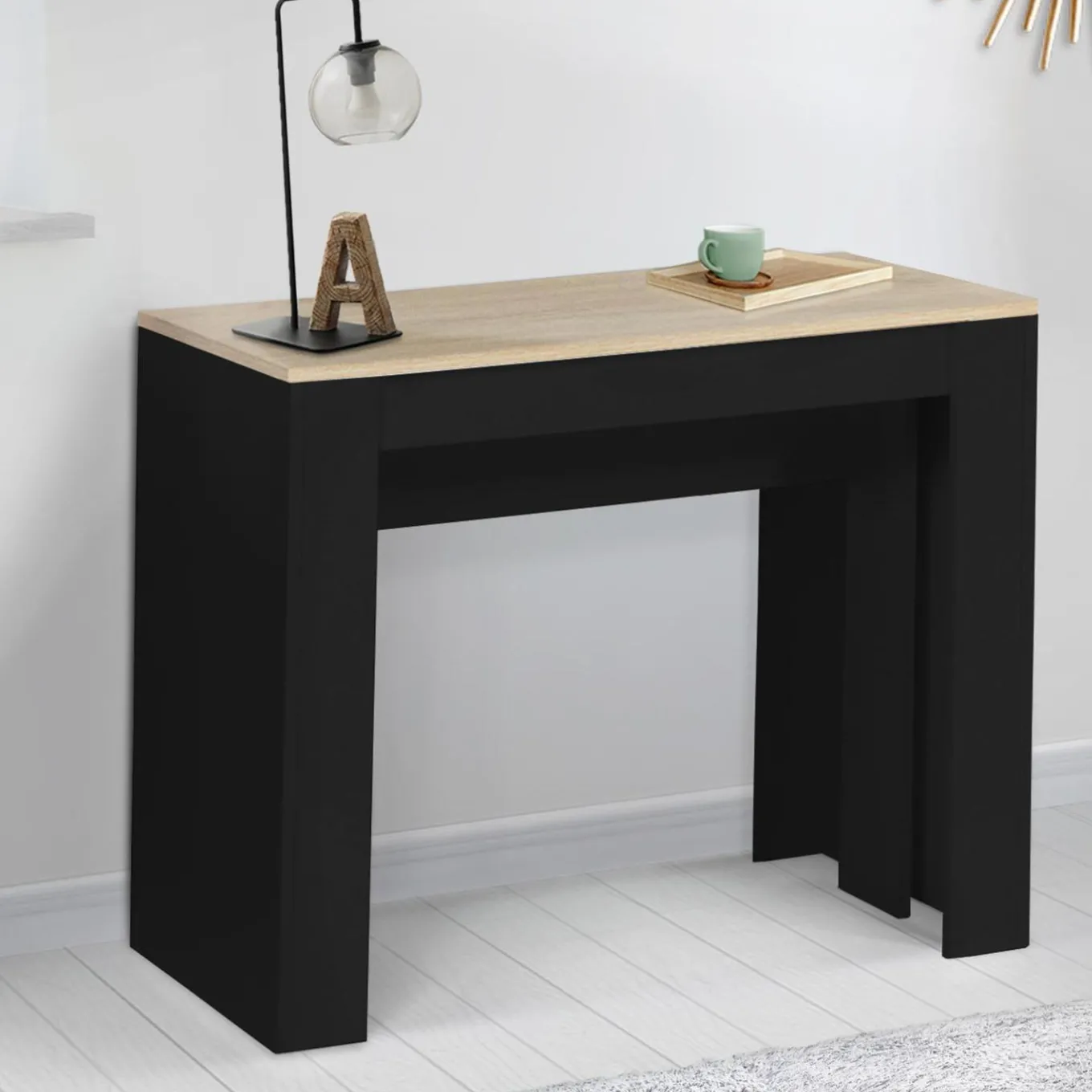 IDMarket Table console extensible 14 personnes bois noir et façon hêtre* Meubles En Bois|Collection Moderne