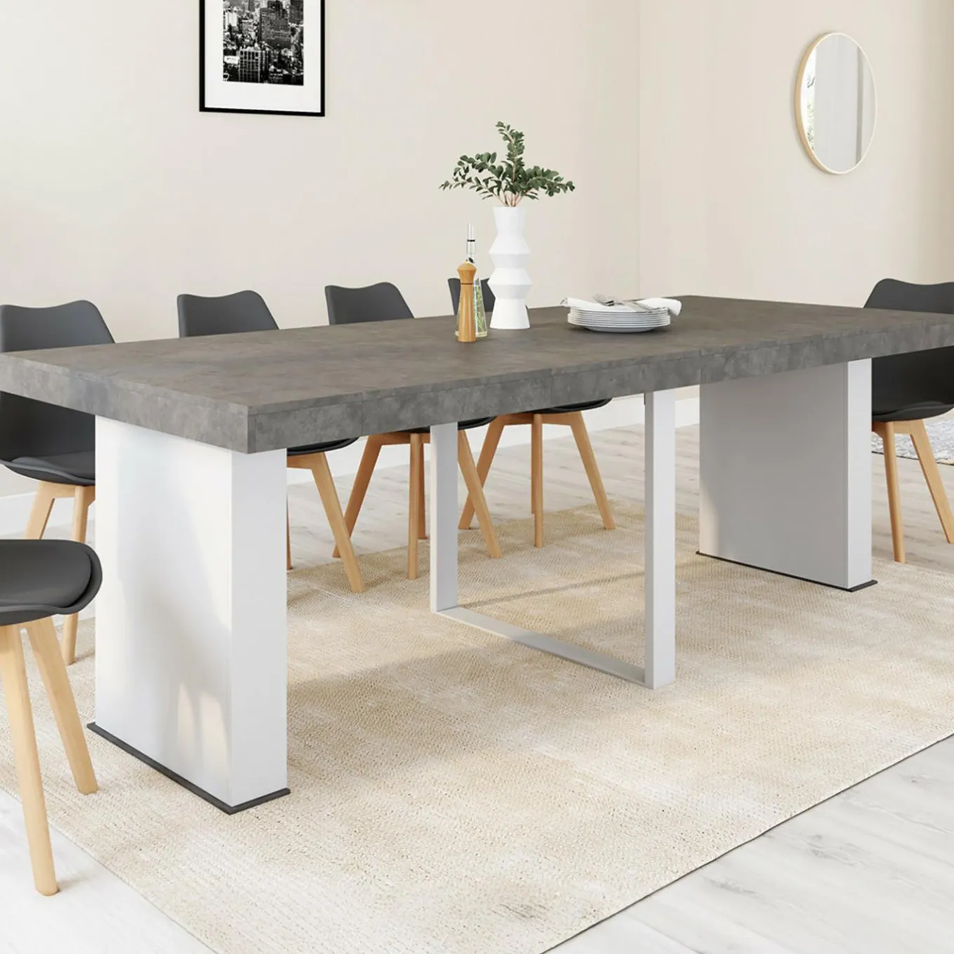 IDMarket Table console extensible 10 personnes 235 cm béton et blanc* Consoles|Consoles De Cuisine